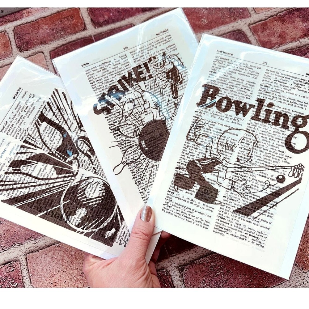 BOWLING Theme - Upcycled Dictionary Art Prints - Lot of 3 -‎ Mini Poster Set